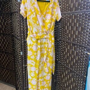 Gibson Latimer Yellow Floral Wrap Maxi Dress with Pink Accents